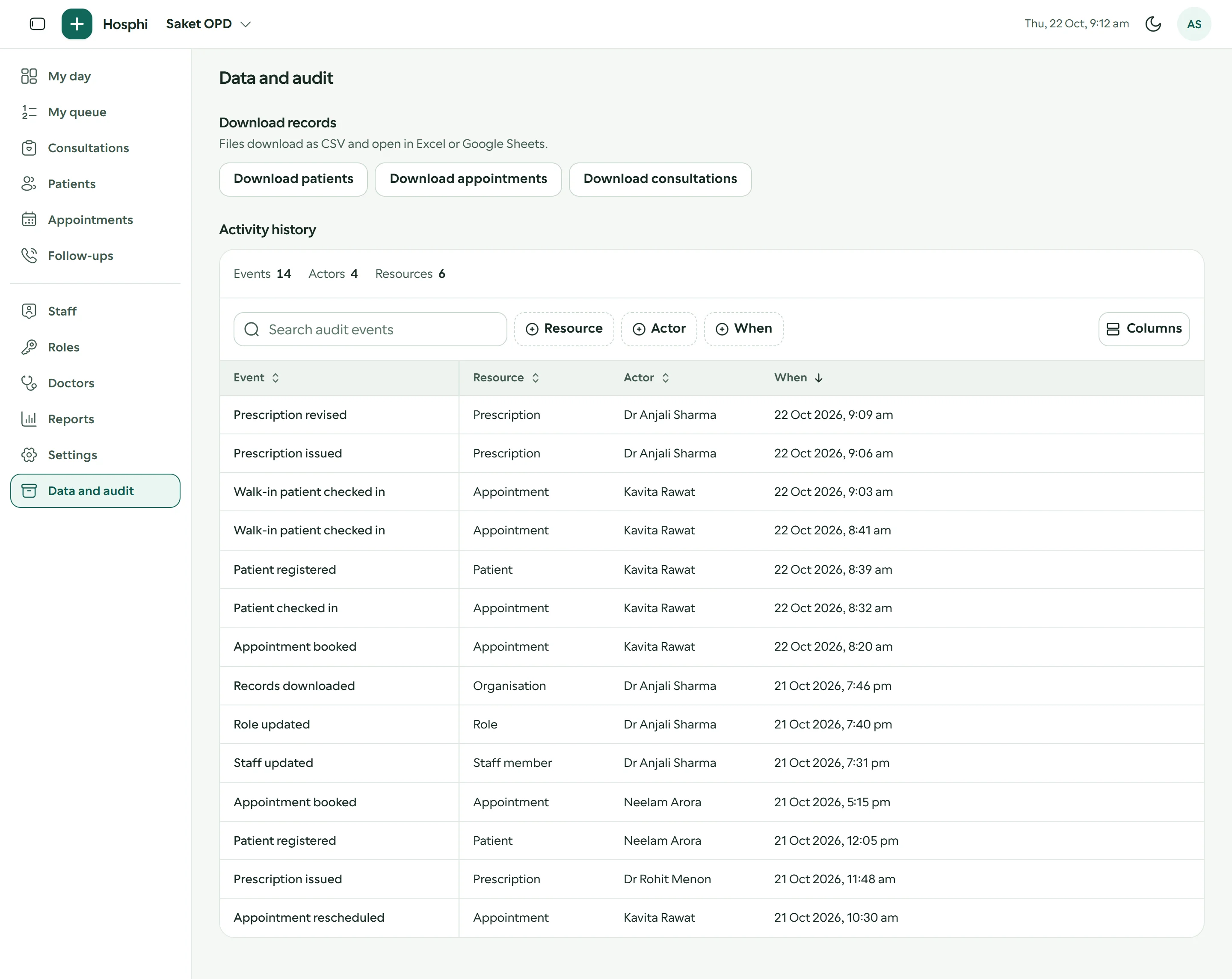 Data and audit: CSV downloads for patients, appointments and consultations, and the activity history with who did what and when