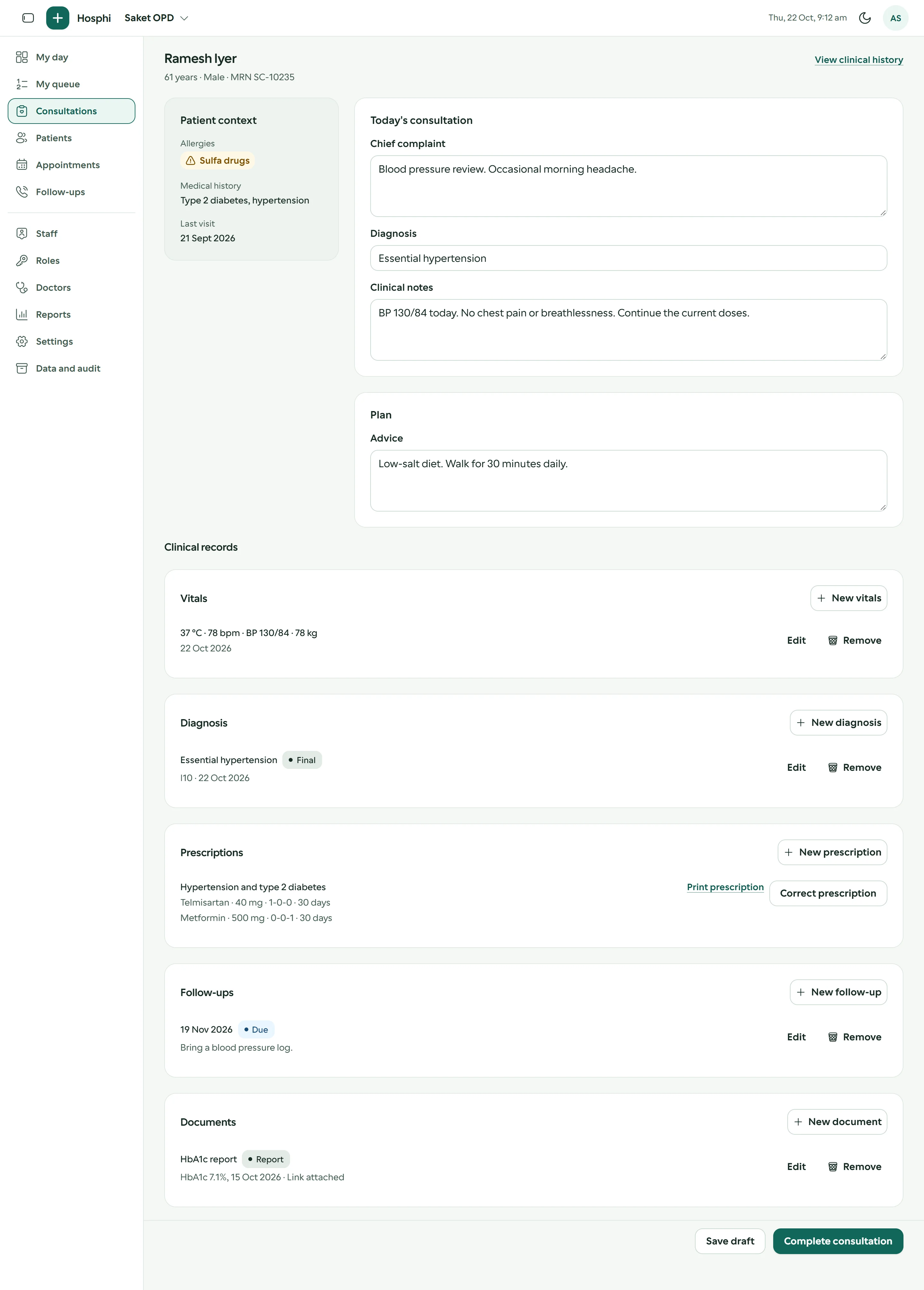 Consultation workspace for Ramesh Iyer: a Sulfa drugs allergy alert, diabetes and hypertension history, vitals, the diagnosis essential hypertension (I10), Telmisartan and Metformin, and a follow-up on 19 Nov 2026
