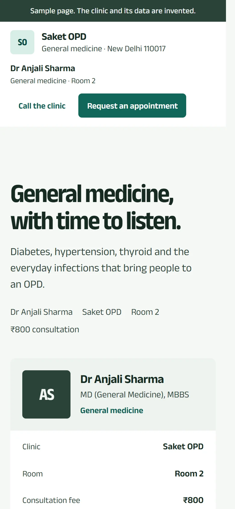 The same sample doctor page on a phone: Saket OPD, Dr Anjali Sharma, Call the clinic and Request an appointment
