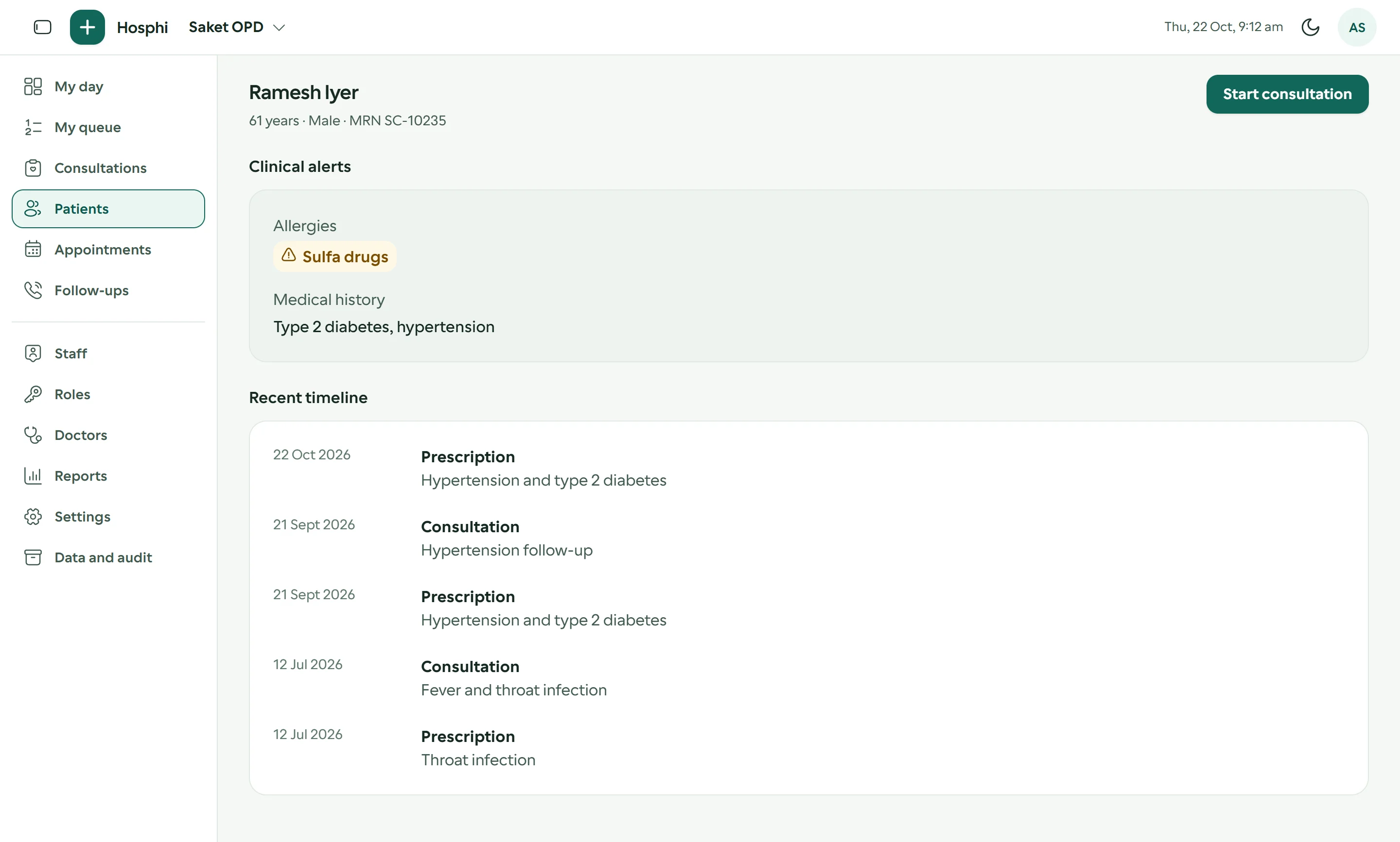 Patient history for Ramesh Iyer: the Sulfa drugs allergy alert, his medical history, and a timeline of consultations and prescriptions since July 2026