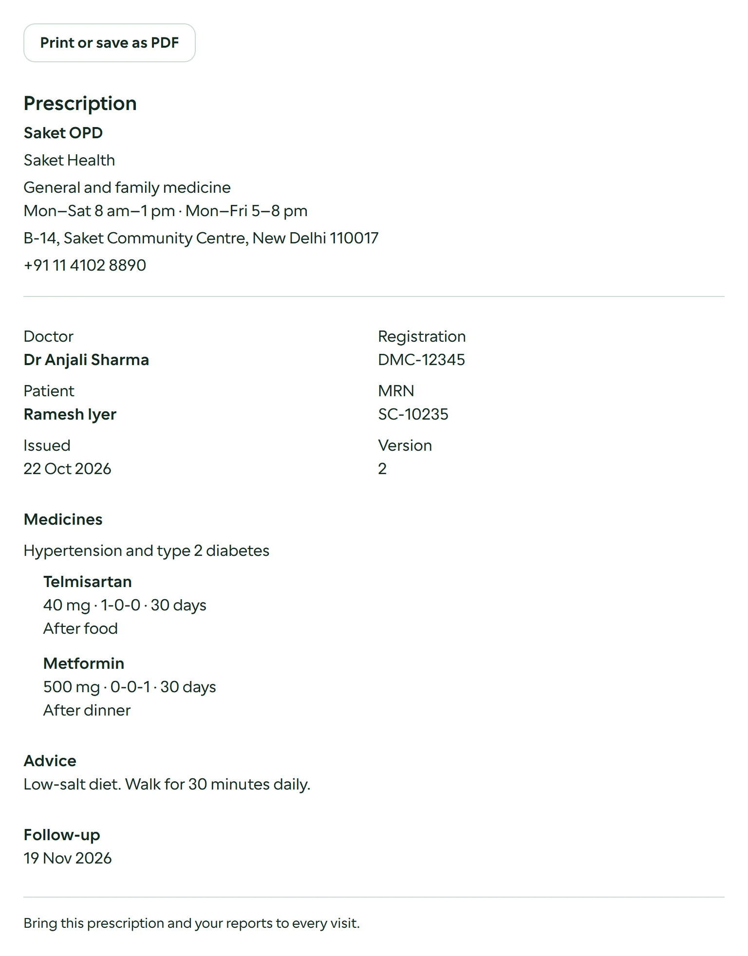 Printed prescription on the Saket OPD letterhead: Dr Anjali Sharma, registration DMC-12345, for Ramesh Iyer, with Telmisartan and Metformin, advice and a follow-up date, version 2