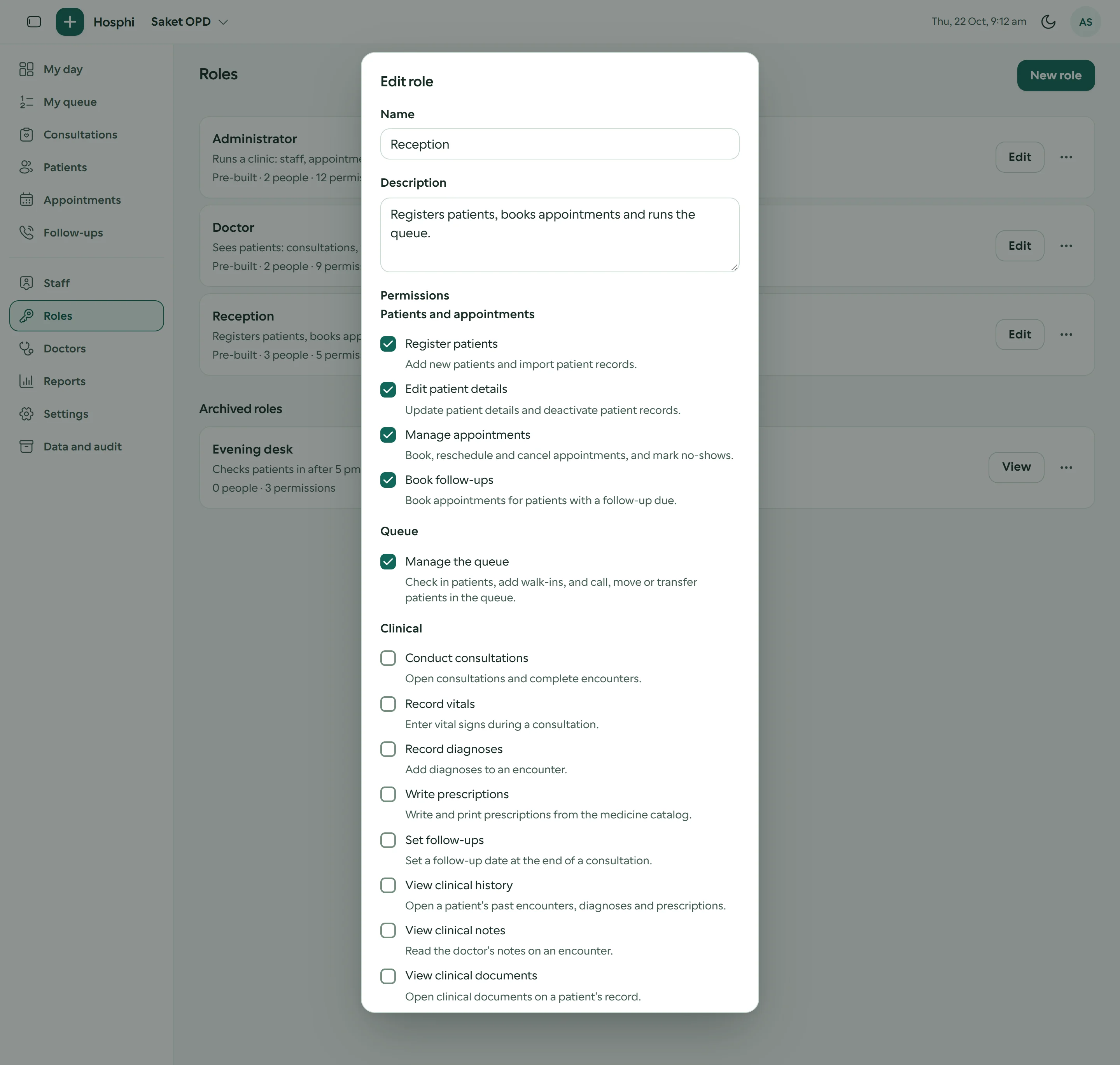 Editing the Reception role: a checklist of permissions grouped by area